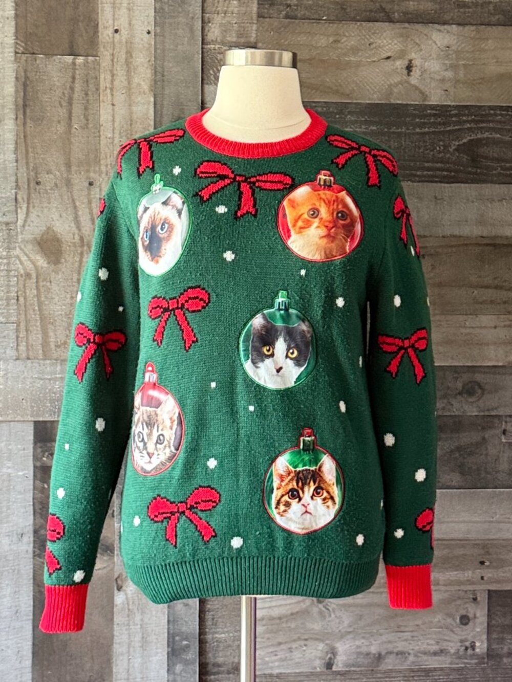 Green ugly Christmas sweater large cats ornaments holiday party girlhoodcore